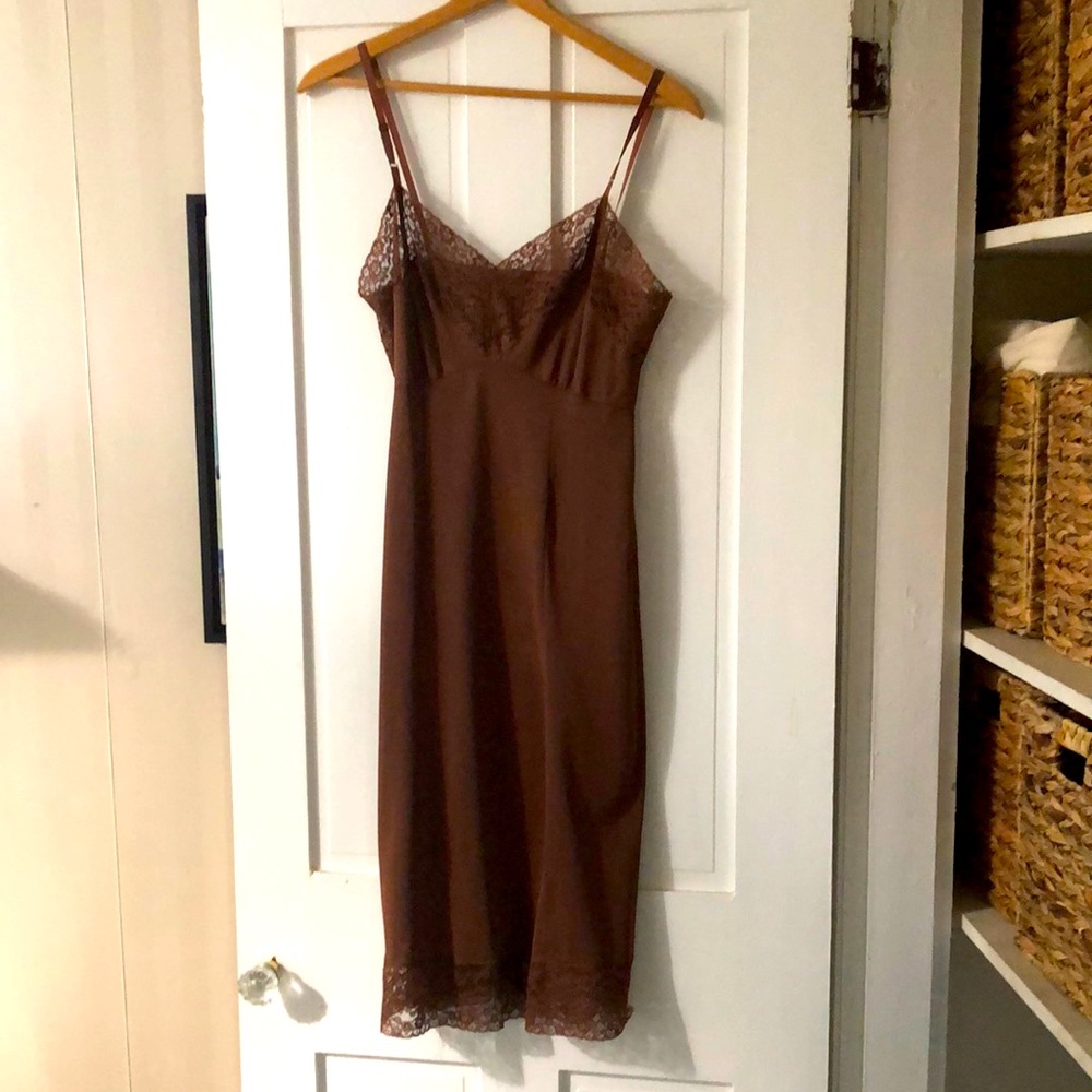 Vintage brown lace full slip lingerie night gown
